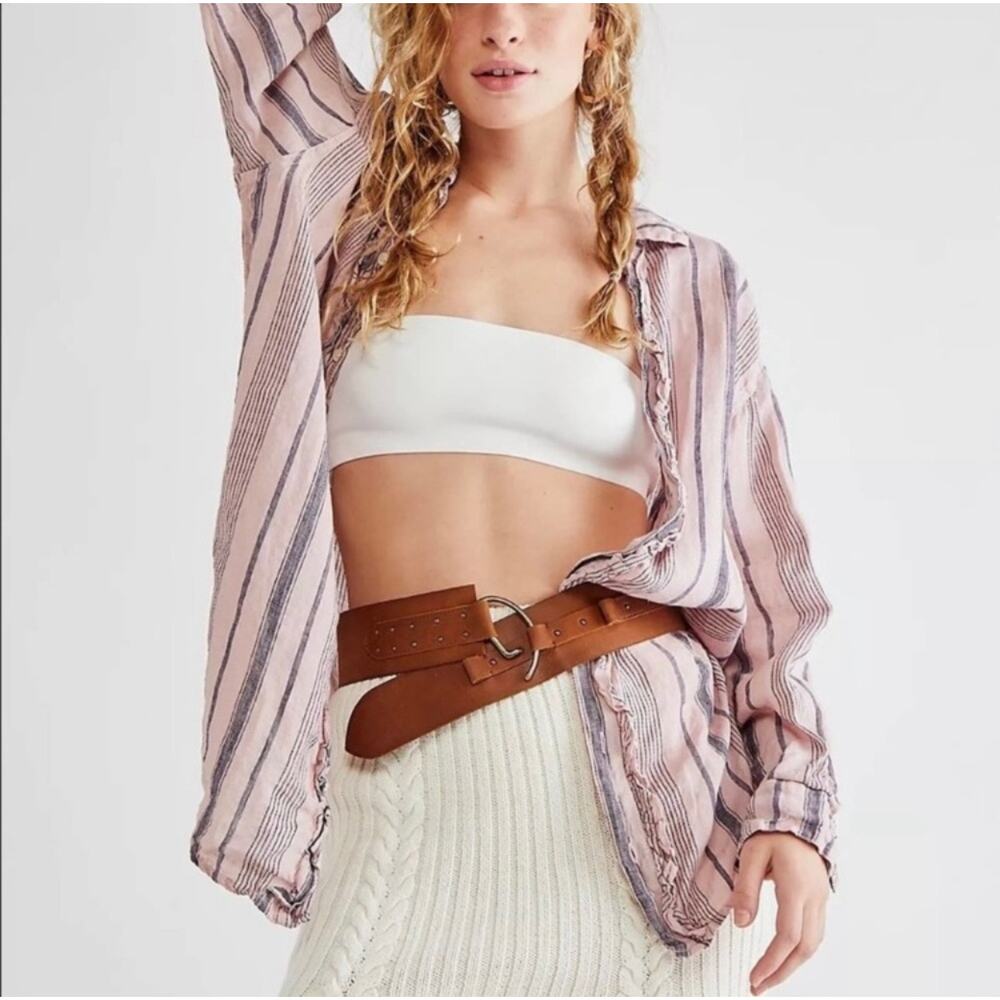 Free People - Ruffle Front Shirt - Extra Large (pink/denim stripe color) - Picture 2 of 15